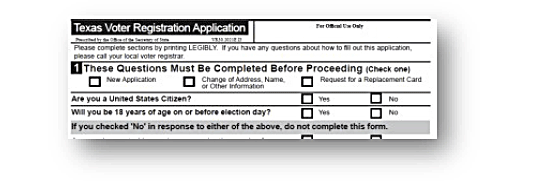 The cistizenship question is displayed on the voter application.