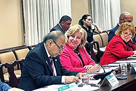 The TBAC group sitting at a long table facing each other while they discuss issues.