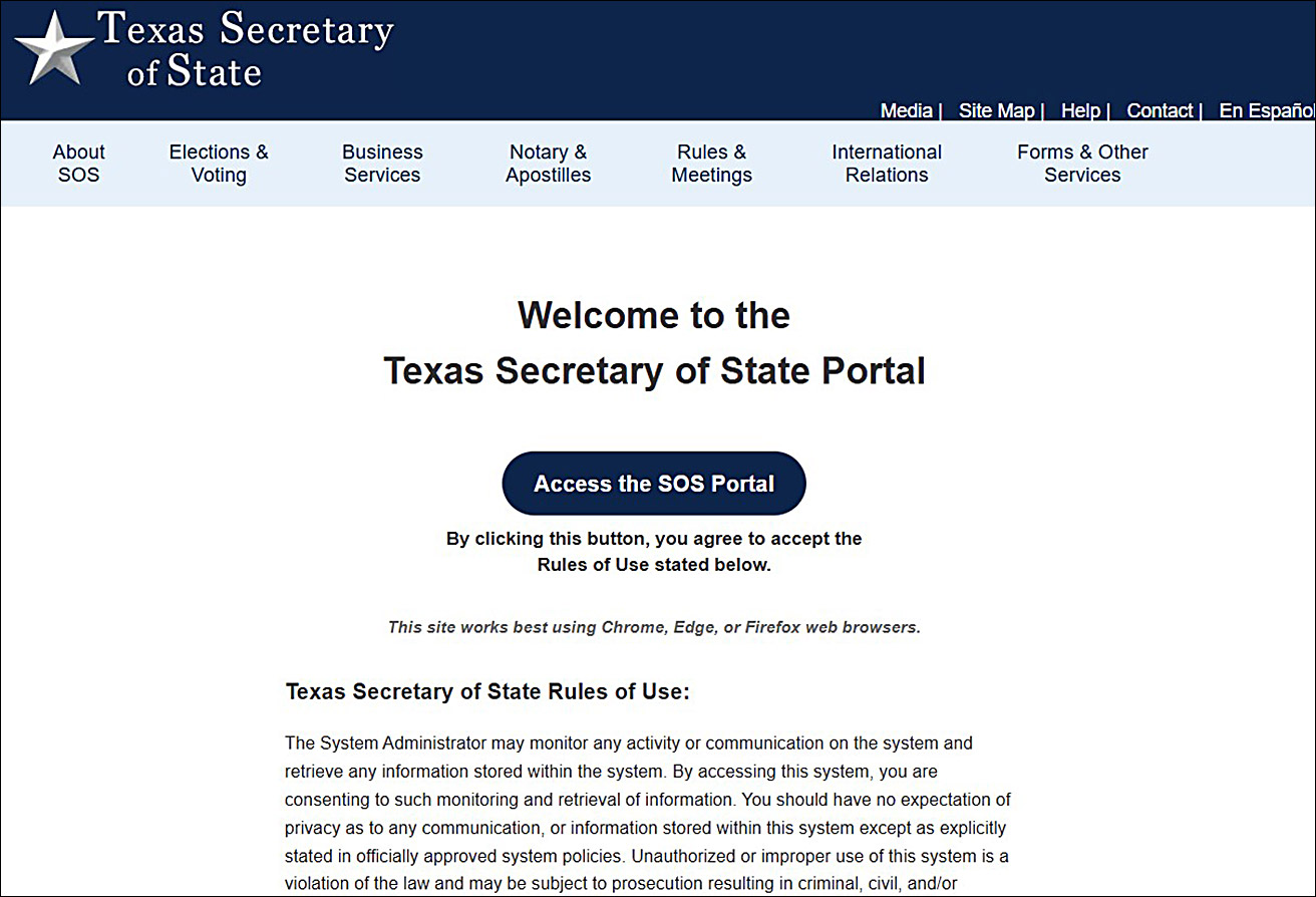 Screenshot of the Texas Secretary of State Portal page. By clickng on this button, you agree to accept the Rules of Use.