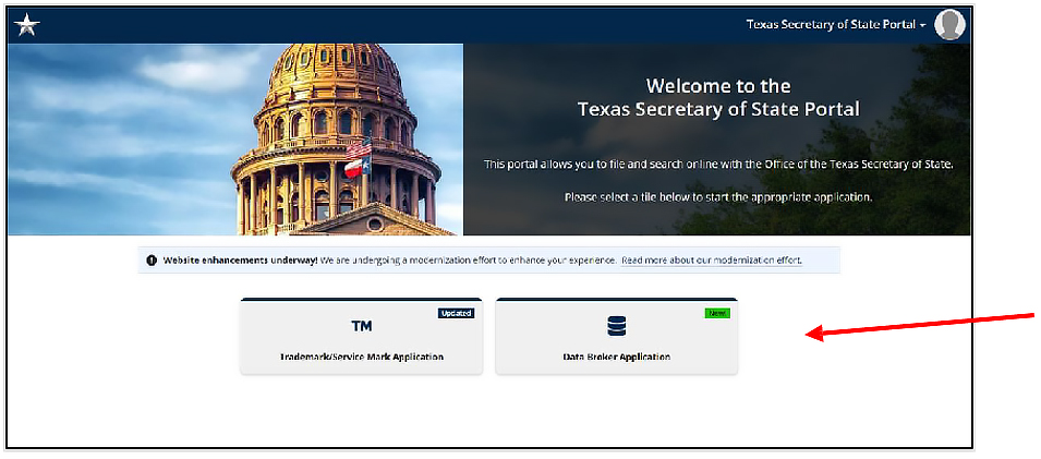 The homepage displays the options Trademarks and Data Broker Application  in gray tiles. 