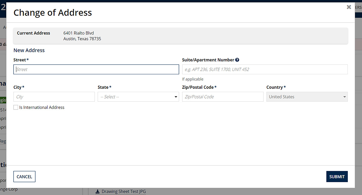 Change of address screen provides fillable fields for street, suite, apartment number, city, state, zip code and country